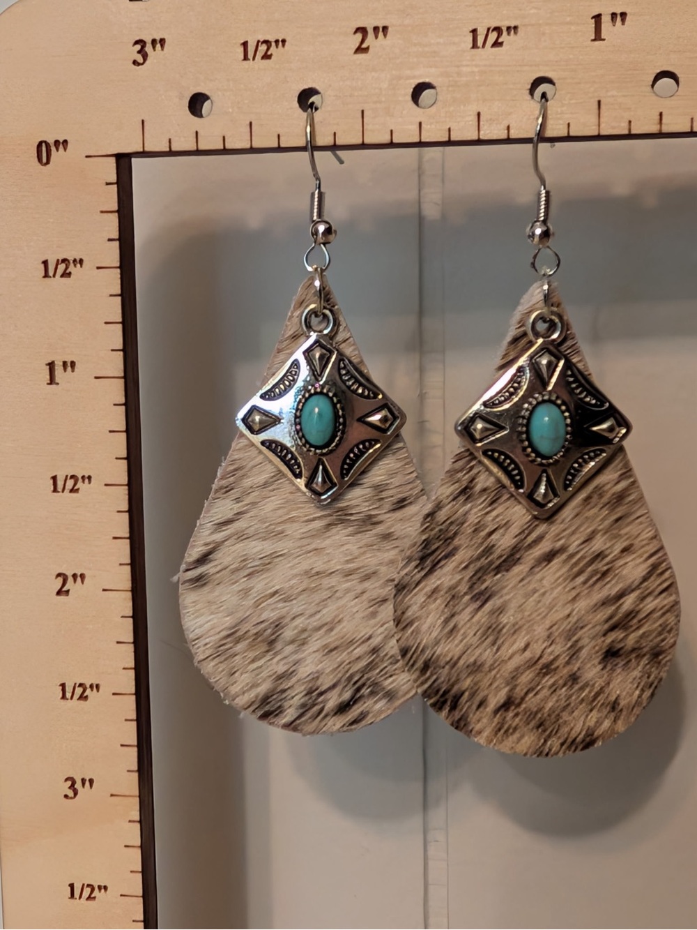 Turquoise Accent Teardrop Hair-On Leather Earrings